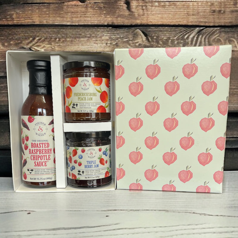 This gift set includes: The Original Roasted Raspberry Chipotle Fredericksburg Peach Jam Triple Berry Jam Peach gift box 