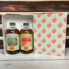 This gift set includes: Passionfruit Mango Cocktail Mix Watermelon Mint Cocktail Mix Peach gift box 