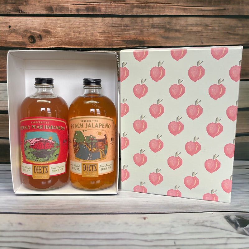 This gift set includes: Prickly Pear Habanero Cocktail Mix Peach Jalapeno Cocktail Mix Peach gift box 