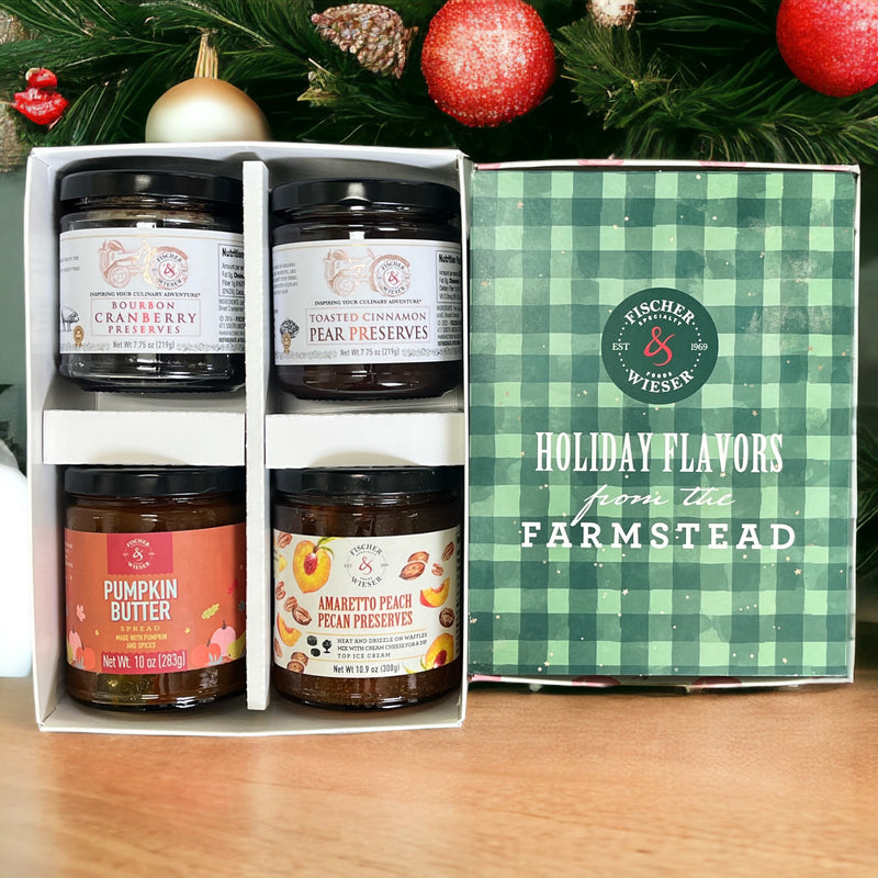 This gift set includes: Pumpkin Butter Spread Amaretto Peach Pecan Preserves Toasted Cinnamon Pear Preserves Bourbon Cranberry Preserves Peach gift box with holiday sleeve
